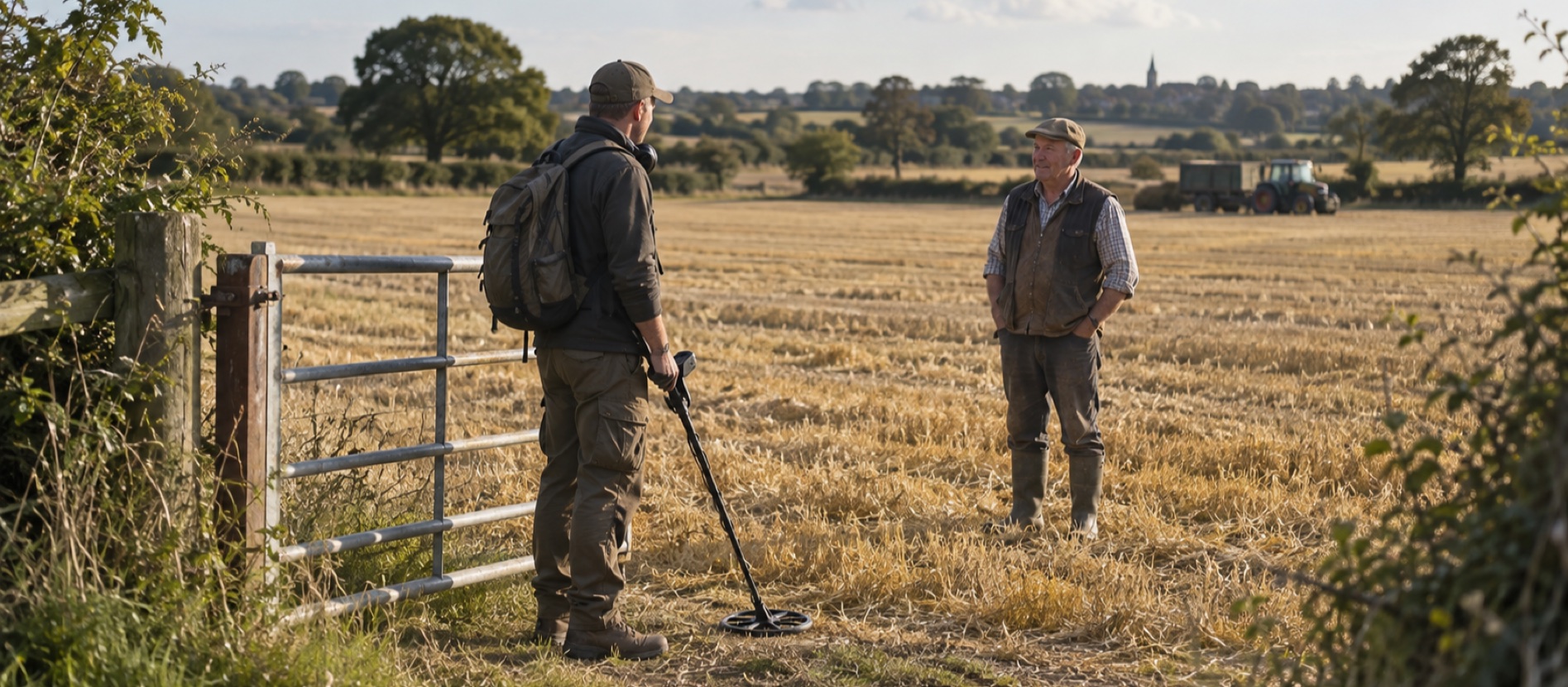 Detectorist speaking with a farmer beside a harvested British field gate