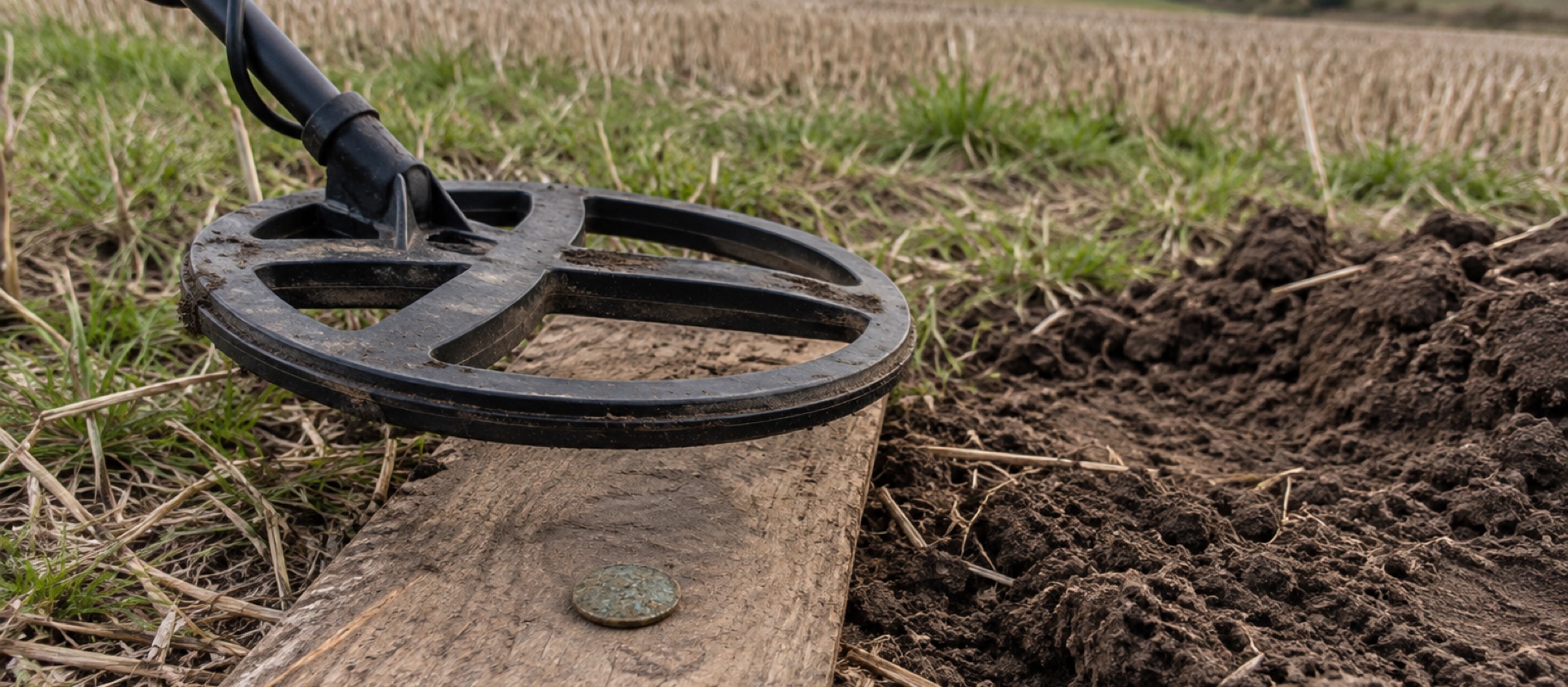 Metal detector coil near a test coin on a field-side work surface