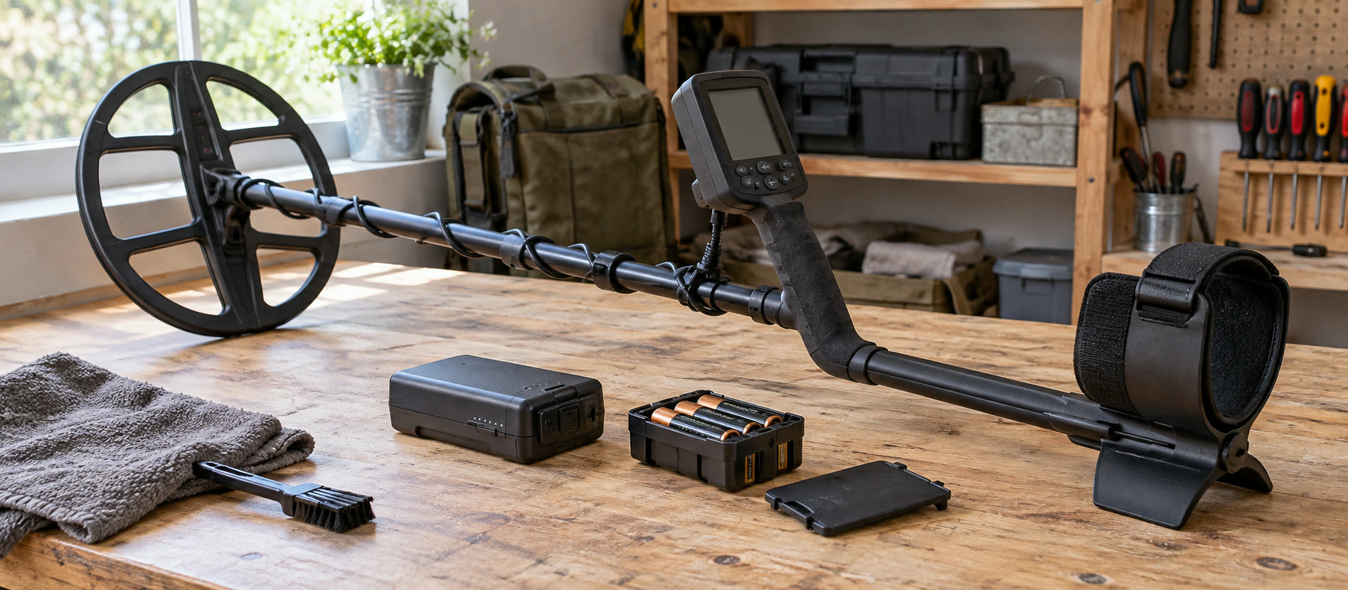 Rechargeable detector and separate AA batteries arranged on a clean dry bench