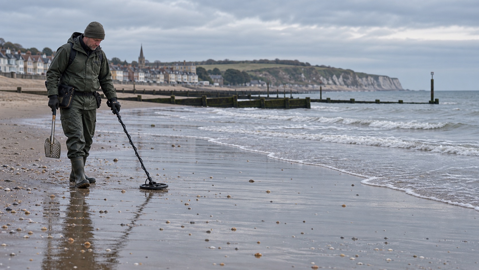 Metal detectorist searching a wide UK beach beside the tide line
