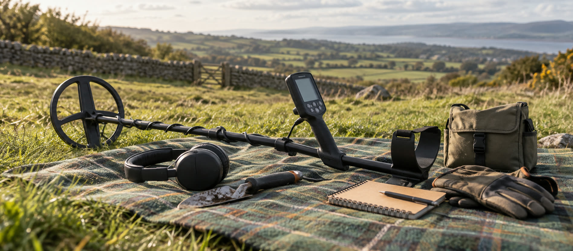 Beginner metal detecting equipment laid out together on a field blanket