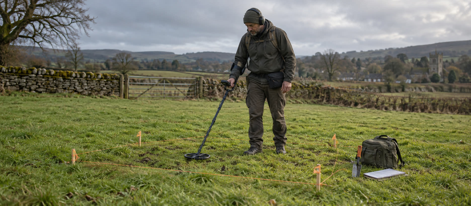 Beginner practising steady overlapping detector sweeps on a marked patch of grass