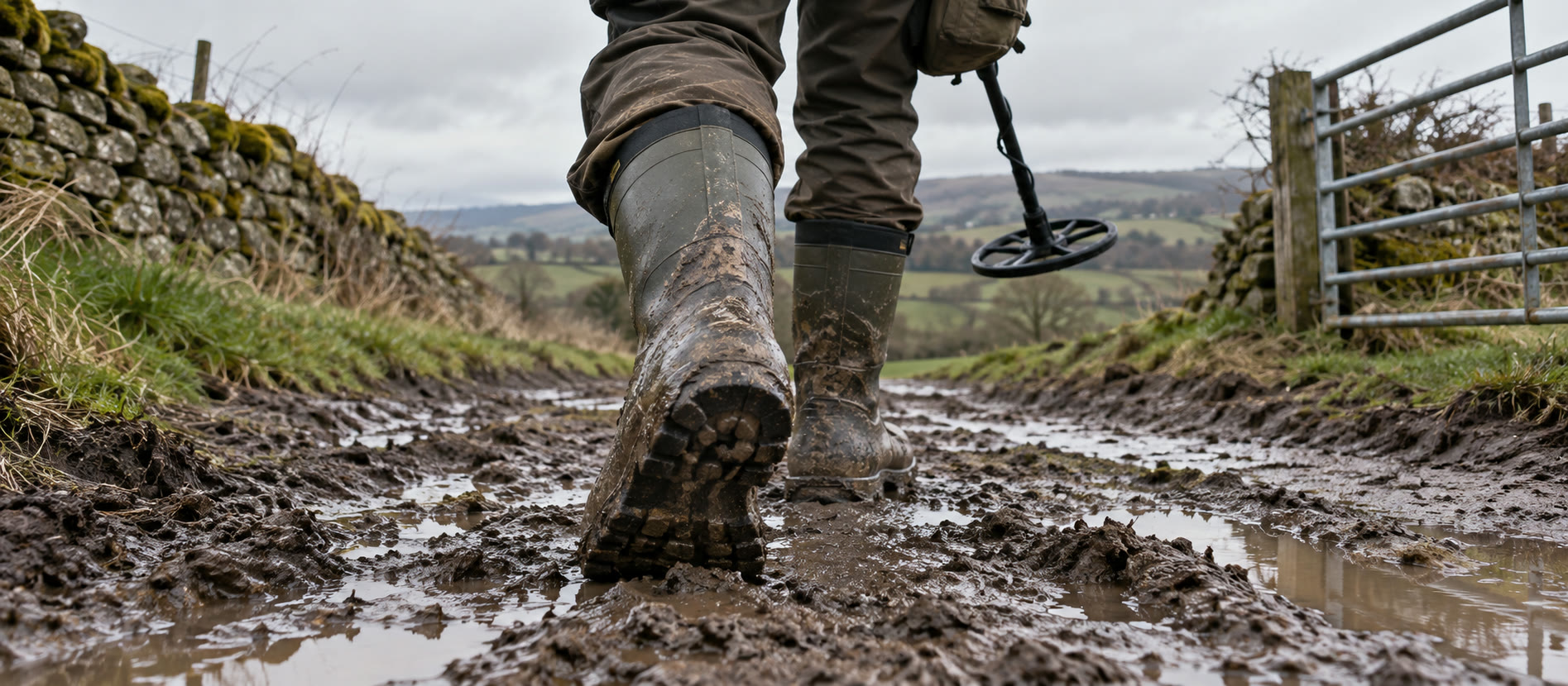 Practical waterproof field boots on a muddy British farm track with a detector in the background