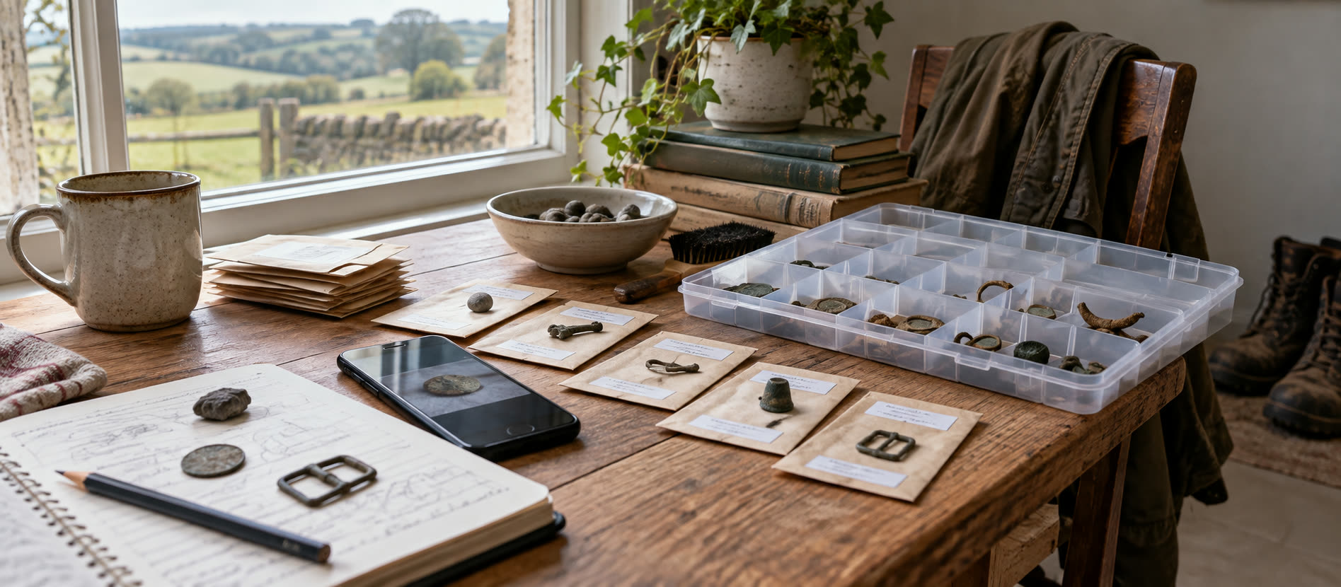 Numbered envelopes and small containers laid out beside a collection register and photographs