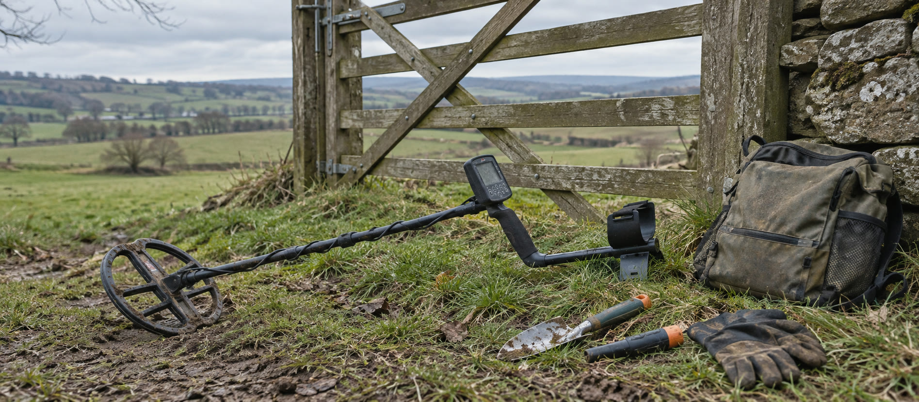 Modest detector kit laid beside a British field gate