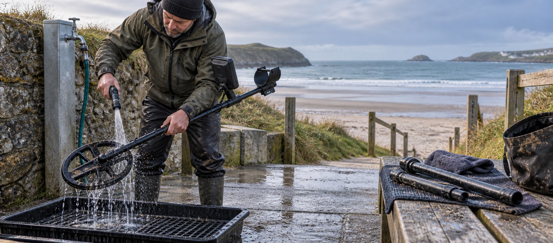 Detectorist rinsing a metal detector coil and lower shaft with fresh water after a beach search