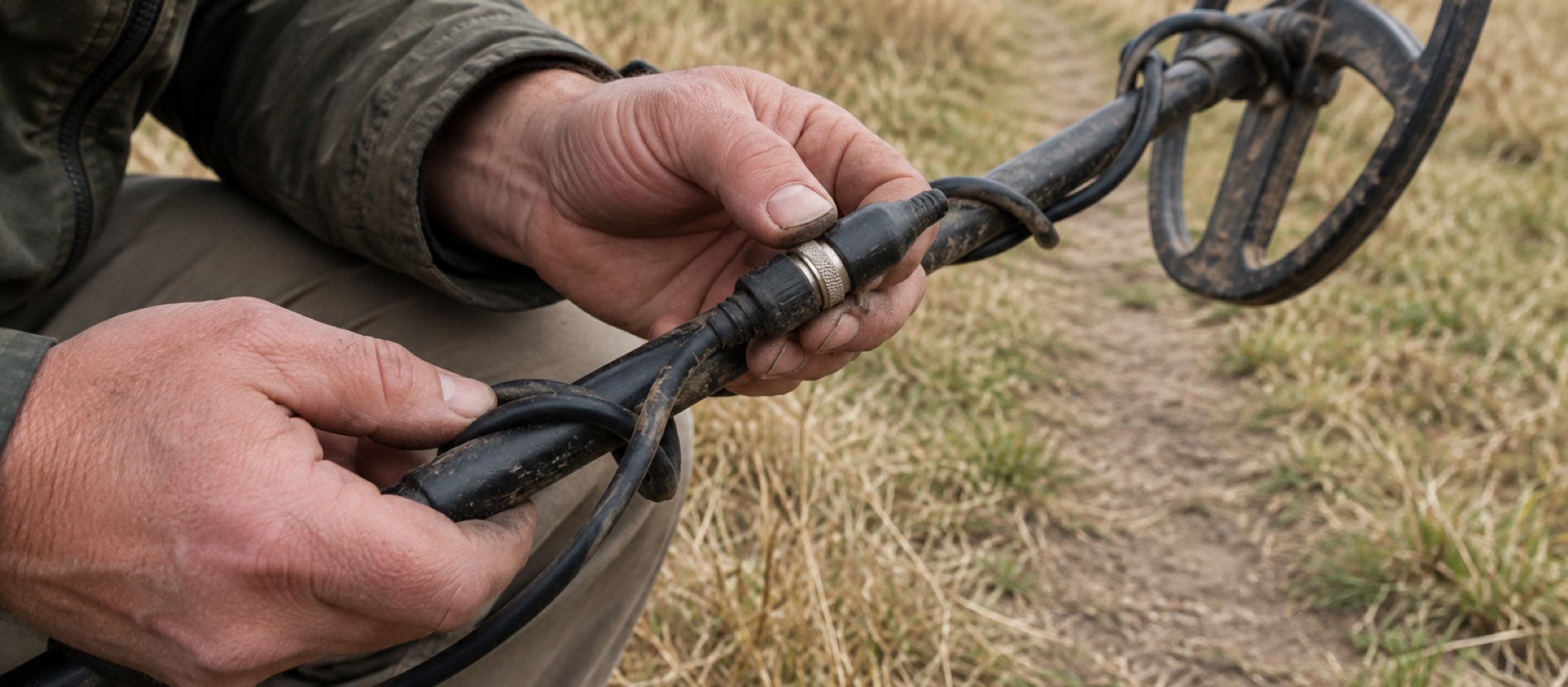 Hands inspecting a metal detector coil cable and shaft connection outdoors