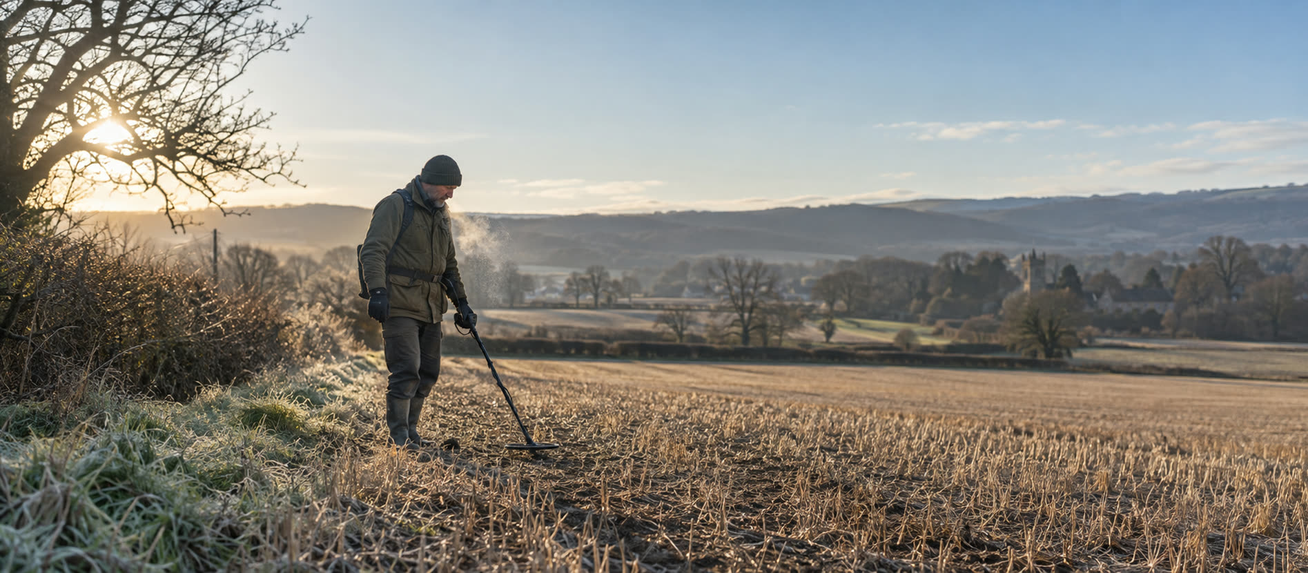 Detectorist in warm layers on an unfrozen British stubble-field edge