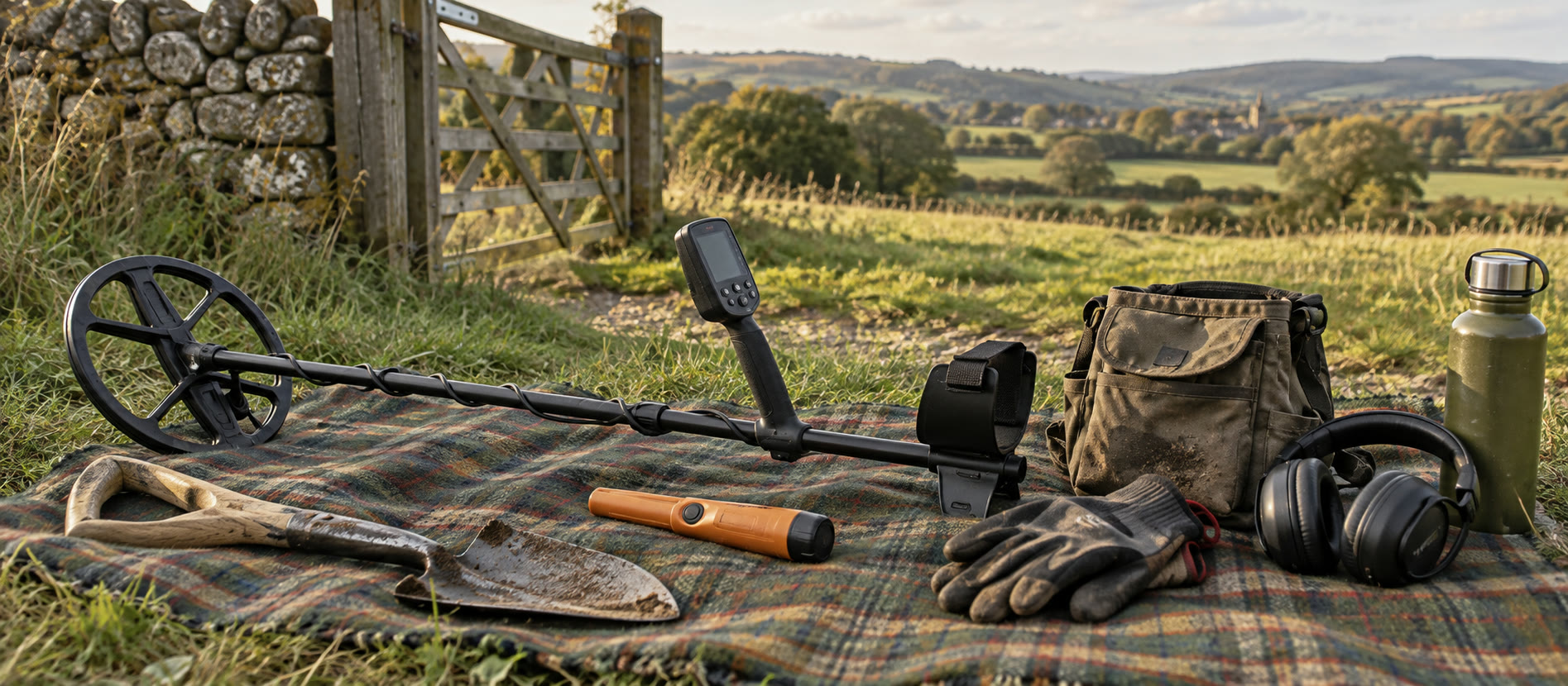 Detector, pinpointer, spade, gloves, pouch and water laid out beside a British field gate