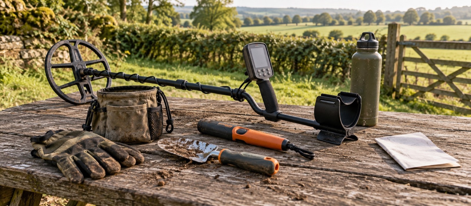 Beginner metal detecting kit arranged on a weathered bench beside a British pasture