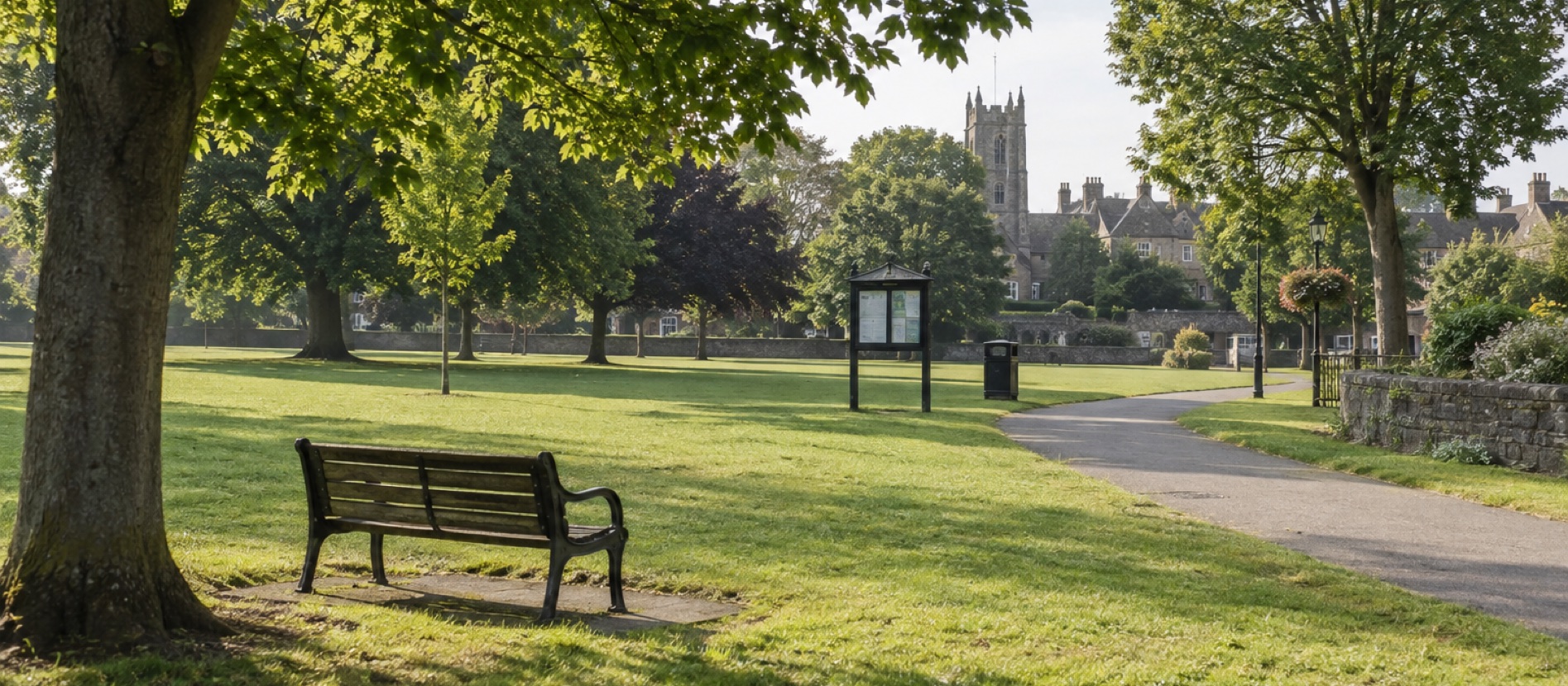 Quiet British town park with grass and mature trees