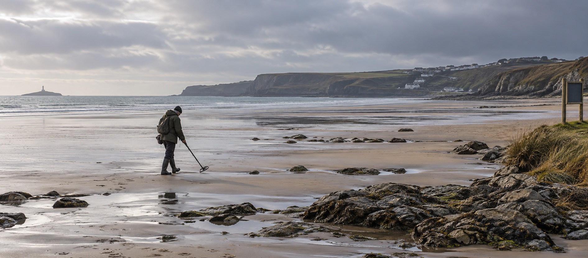 Detectorist searching a broad British tidal foreshore at low tide