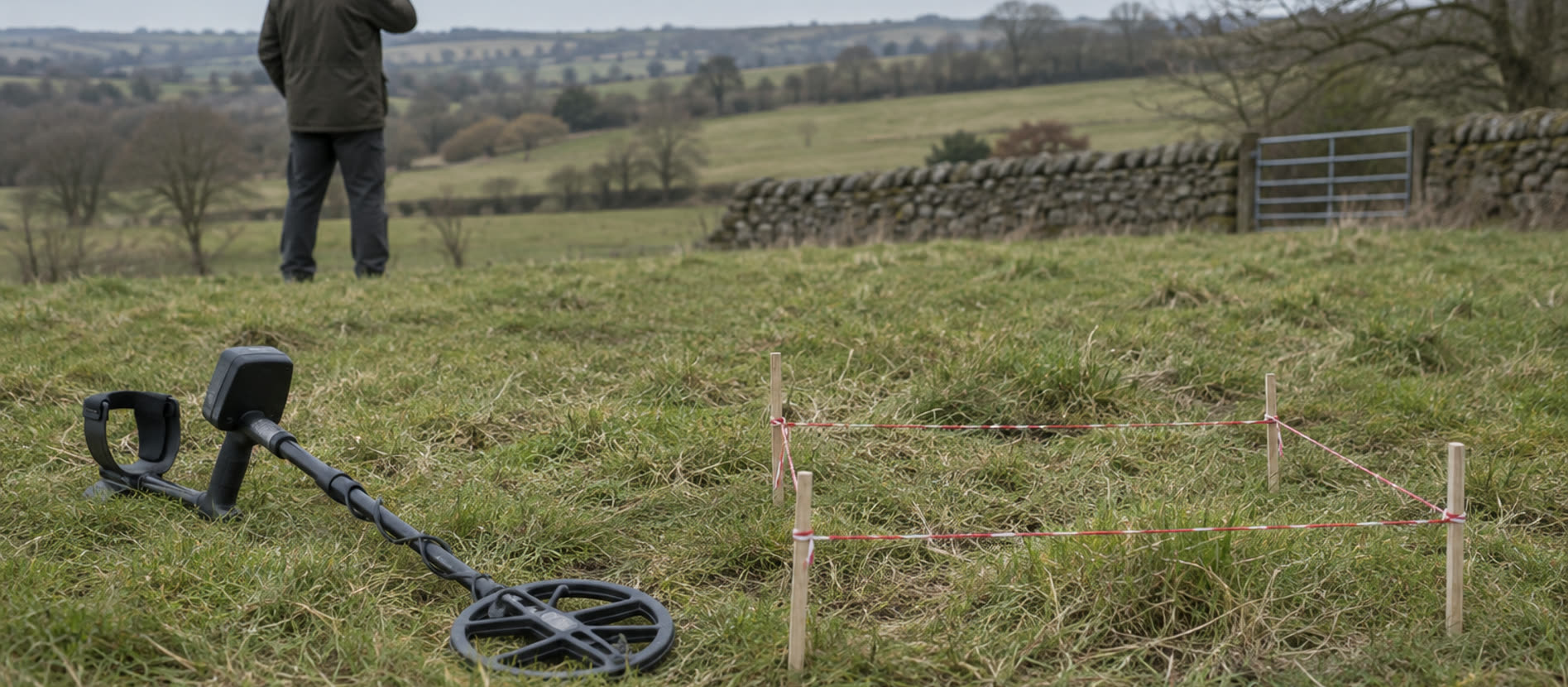 Detectorist calling for help from clear ground in a British field