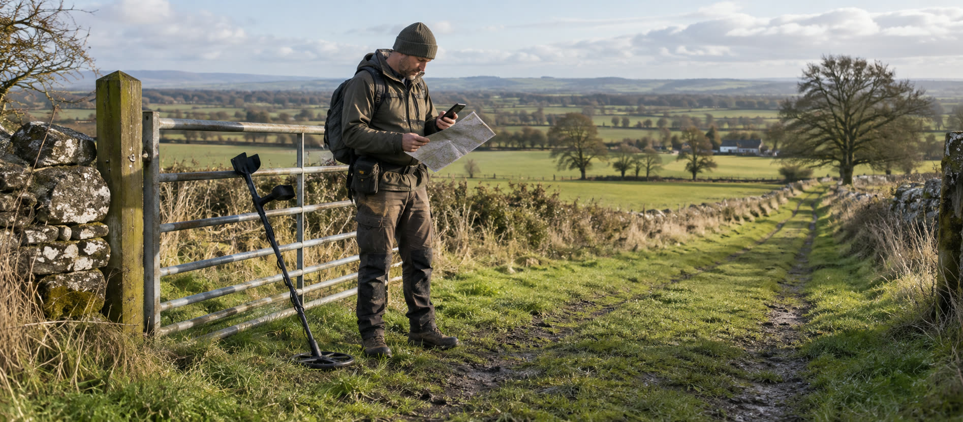 Solo detectorist checking a route beside a British pasture gate