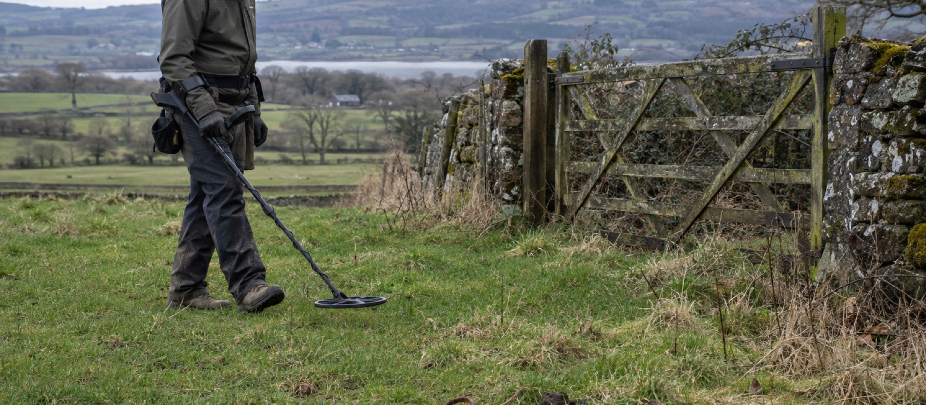 Detectorist searching carefully beside an old field gate with a few iron fragments on the grass
