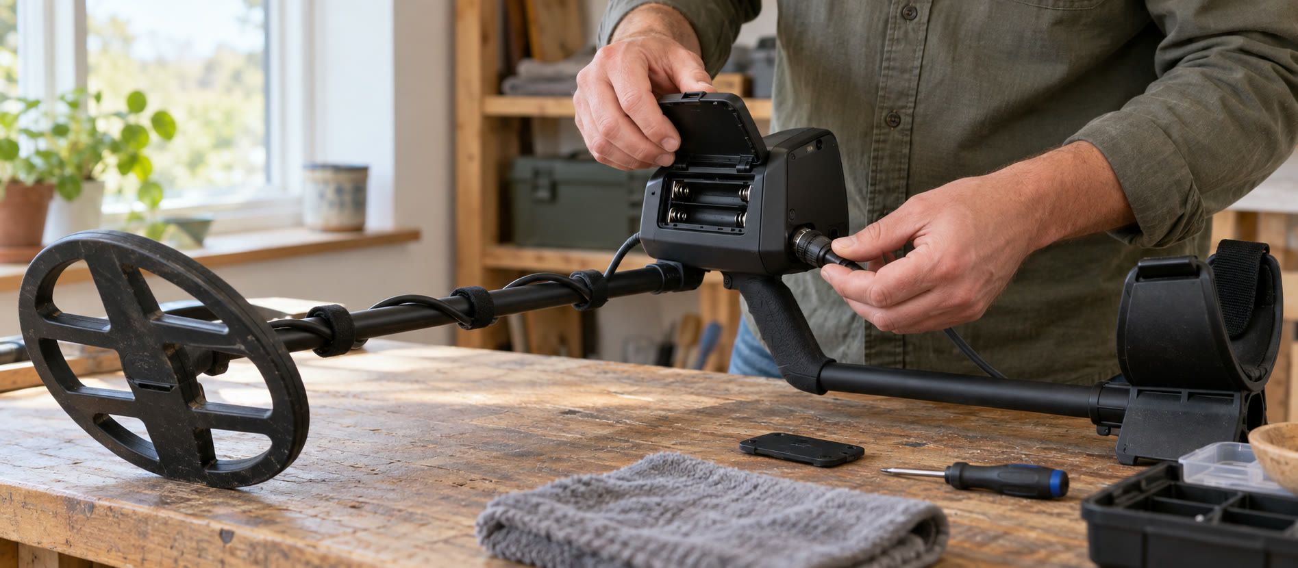 Switched-off detector receiving a careful exterior power check on a dry workbench