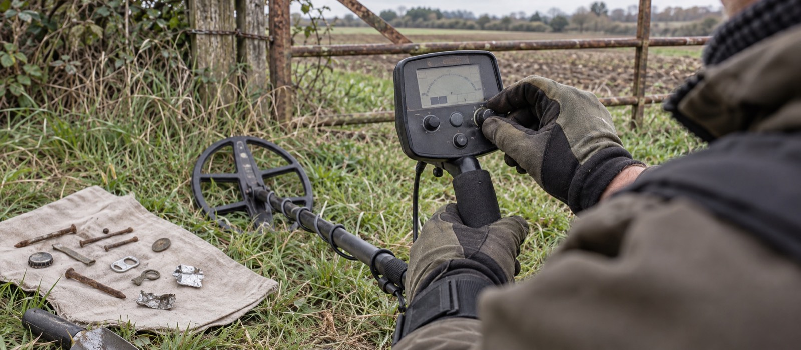 Detectorist adjusting an unbranded control box beside ordinary iron and foil test targets