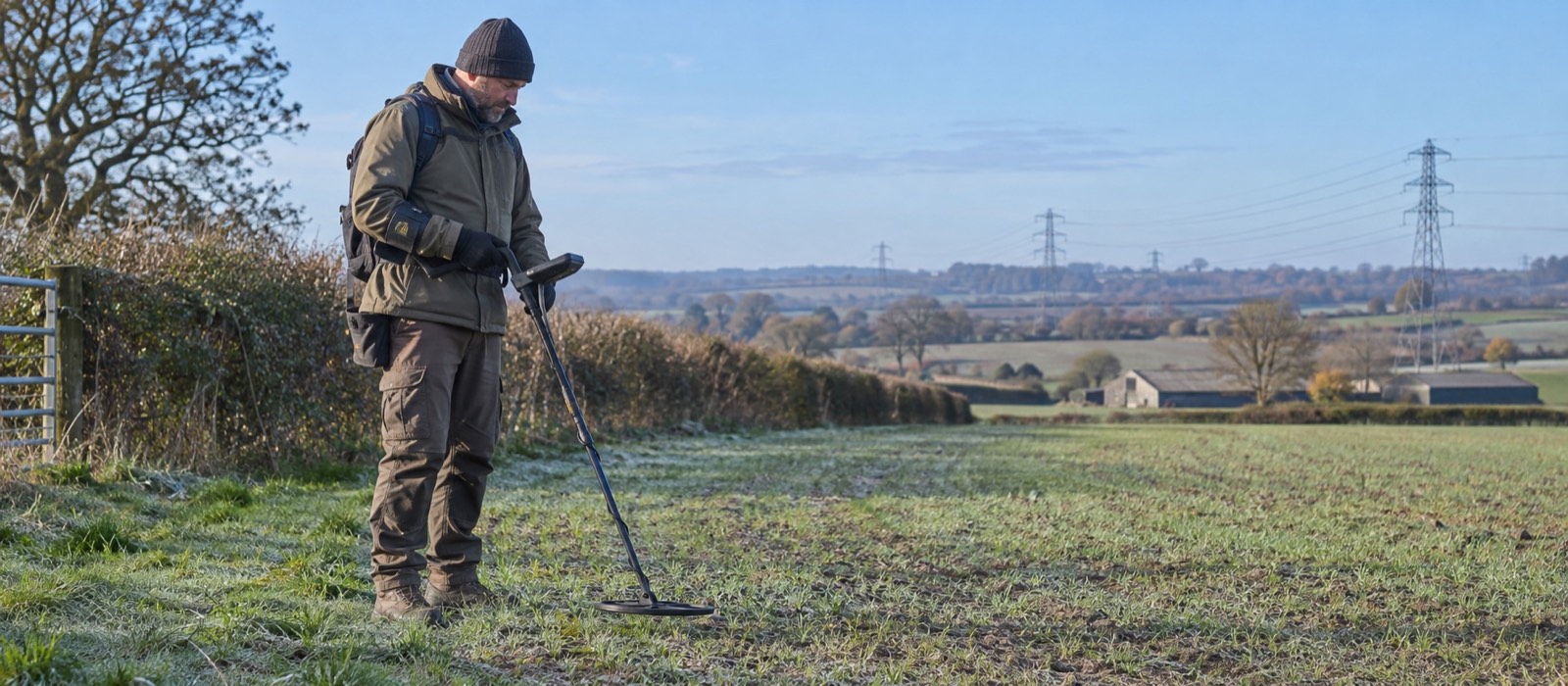 Detectorist checking a control box at a field edge with distant power lines