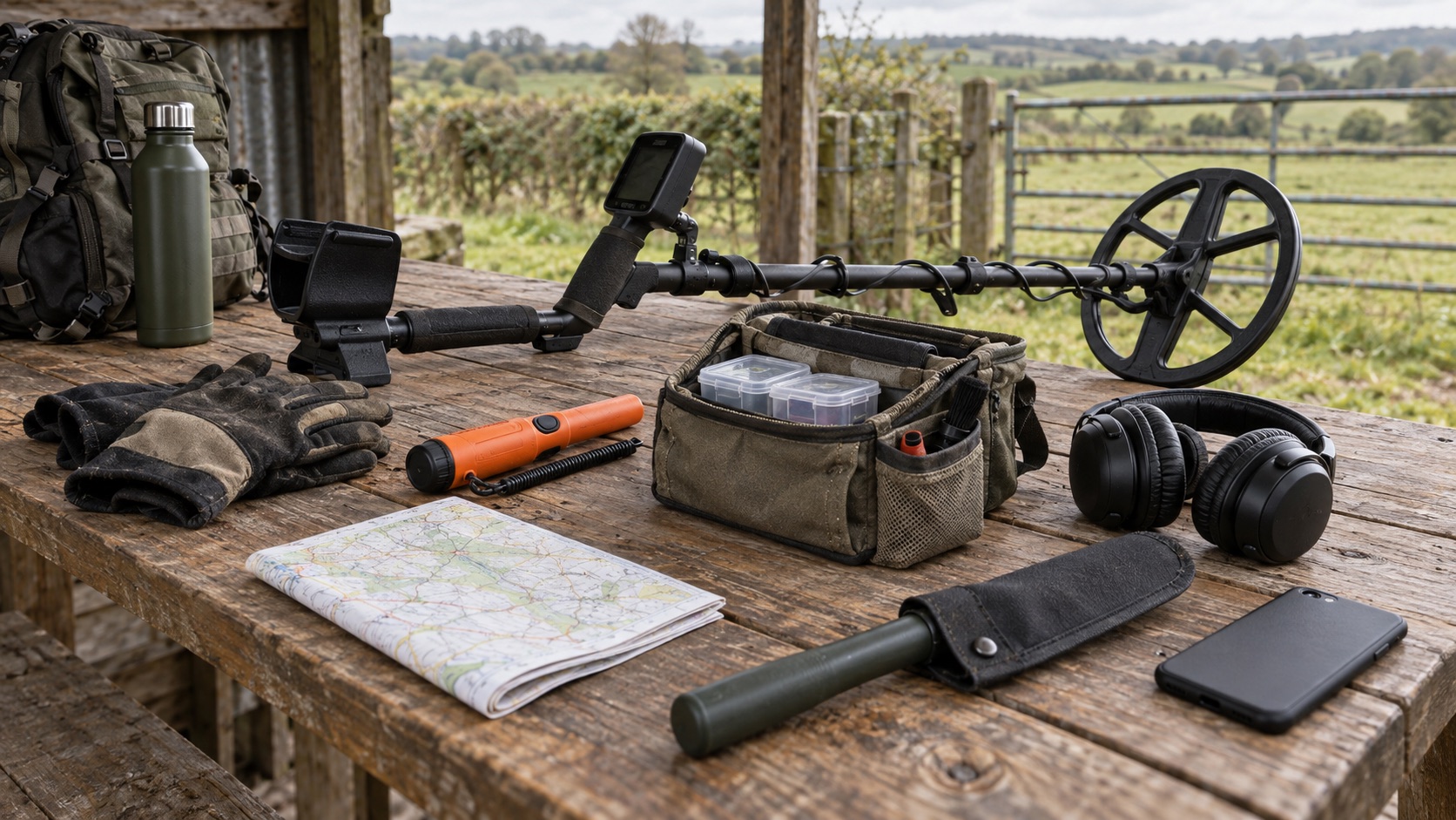 An organised metal detecting kit laid out on a wooden table beside a field