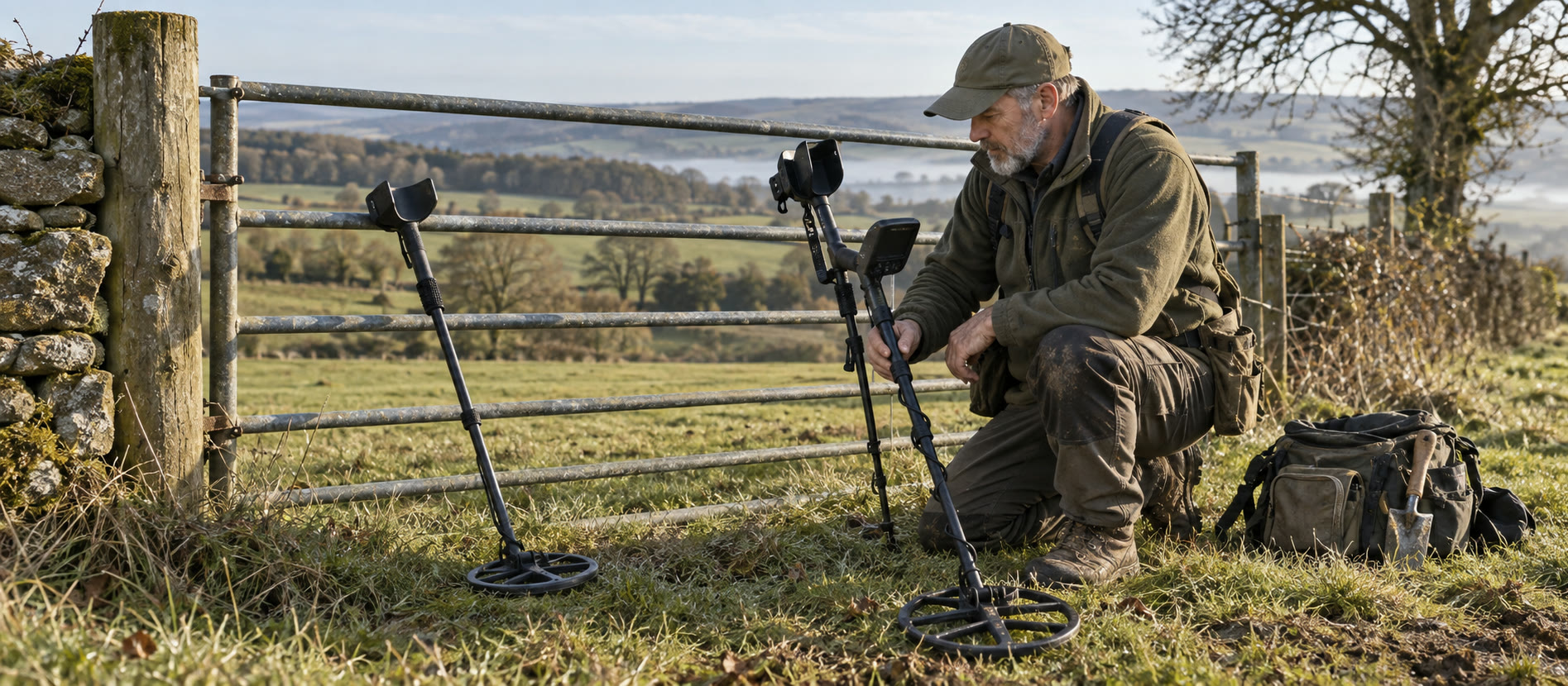 Detectorist comparing simple and advanced setups on a British field edge