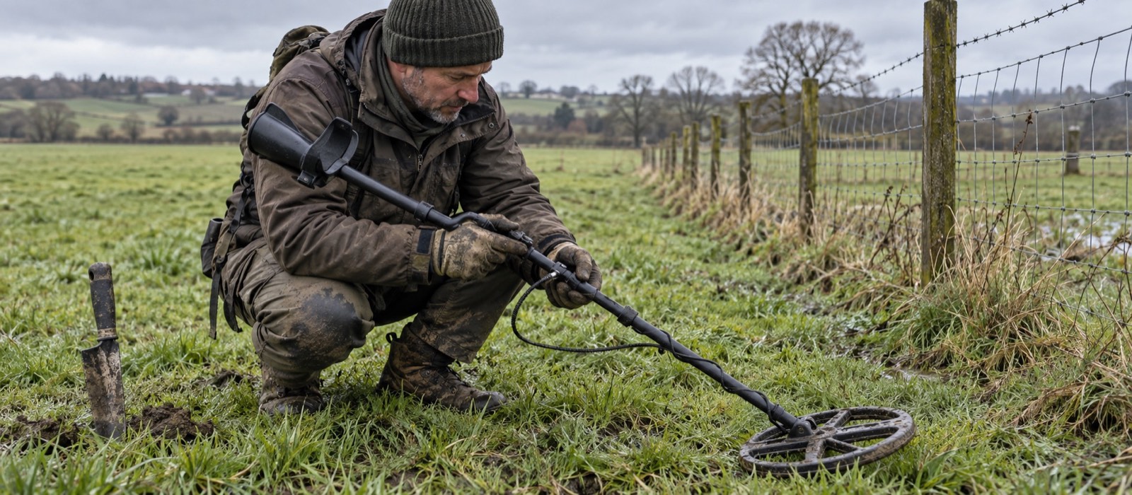 Detectorist inspecting the lower shaft and coil cable beside a wire field fence