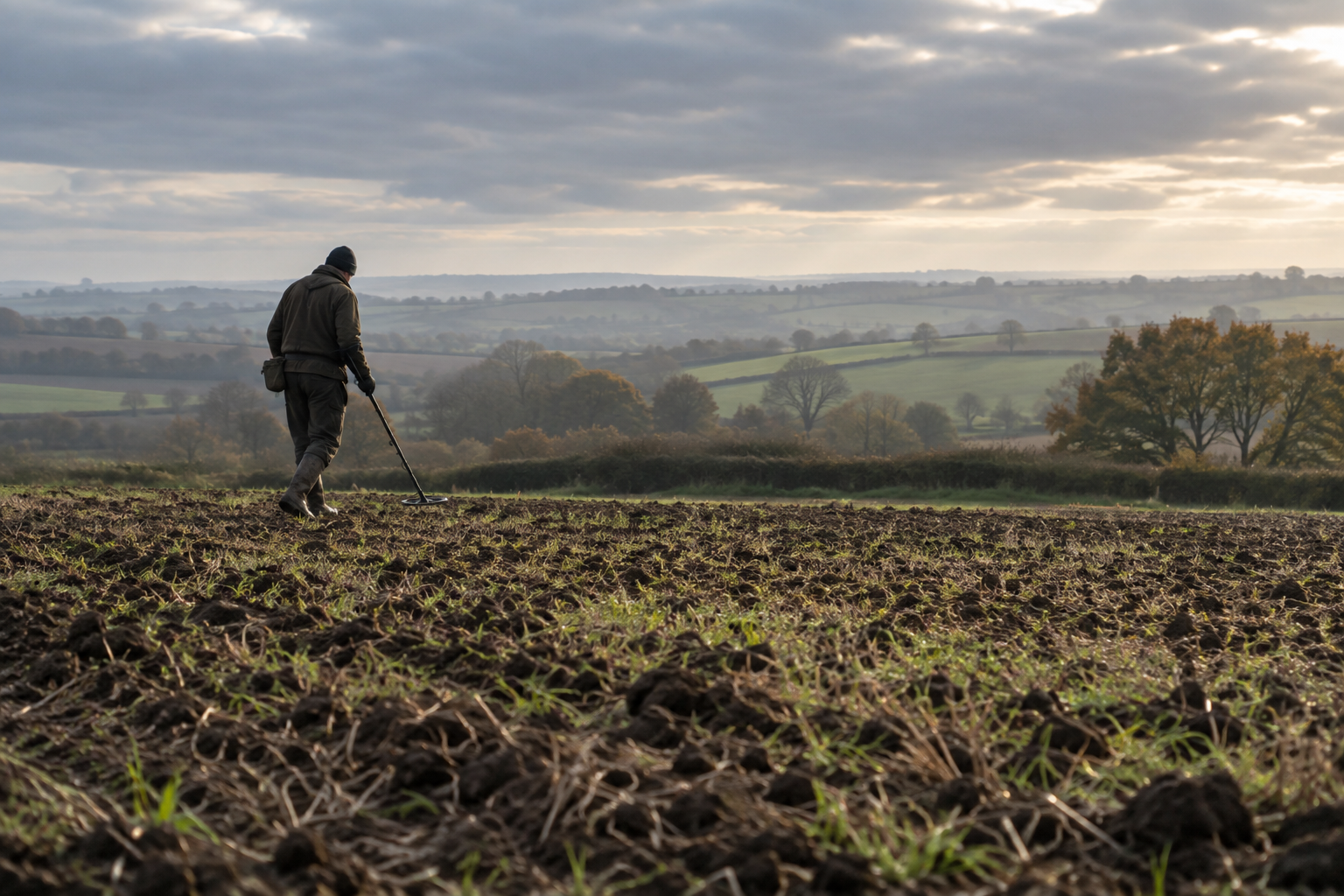 A detectorist sweeping across a worked British field