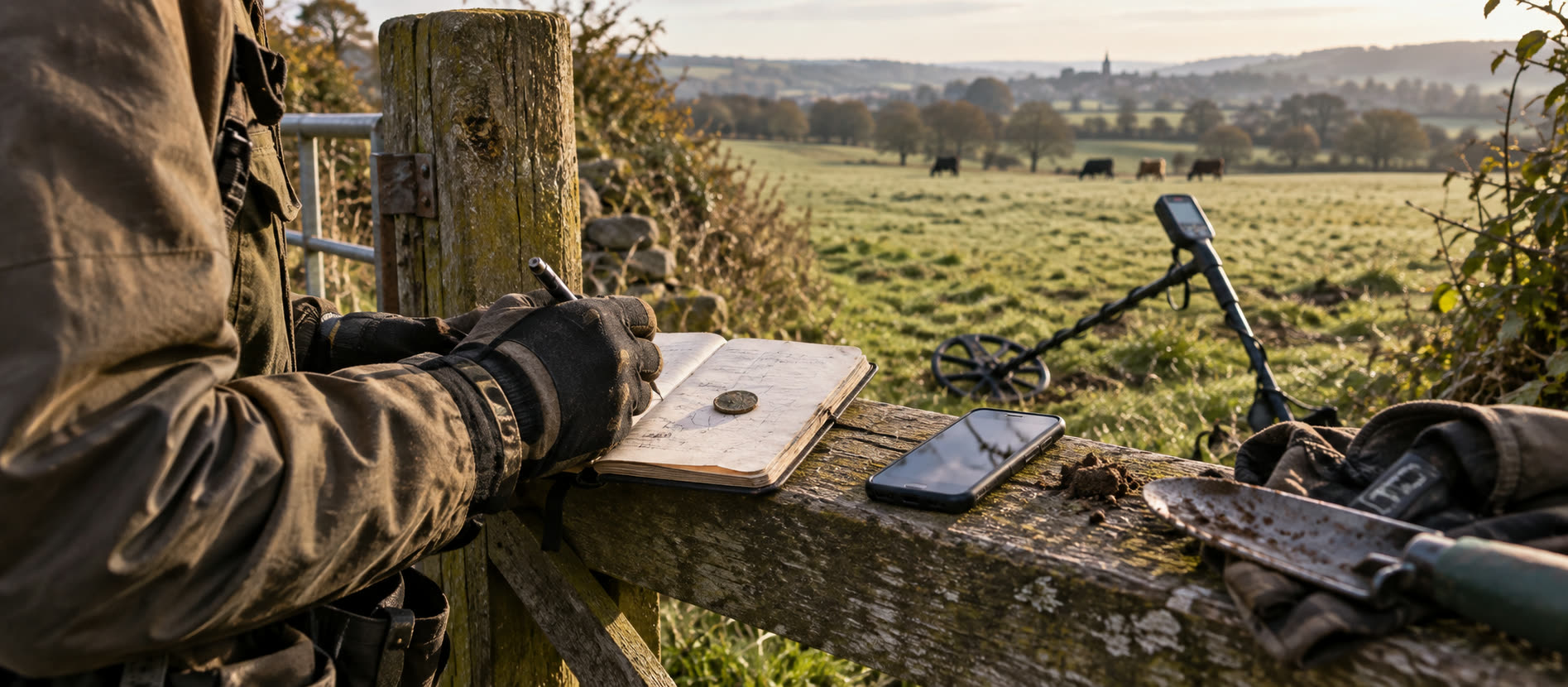Detectorist writing a field notebook beside a pasture gate with equipment nearby