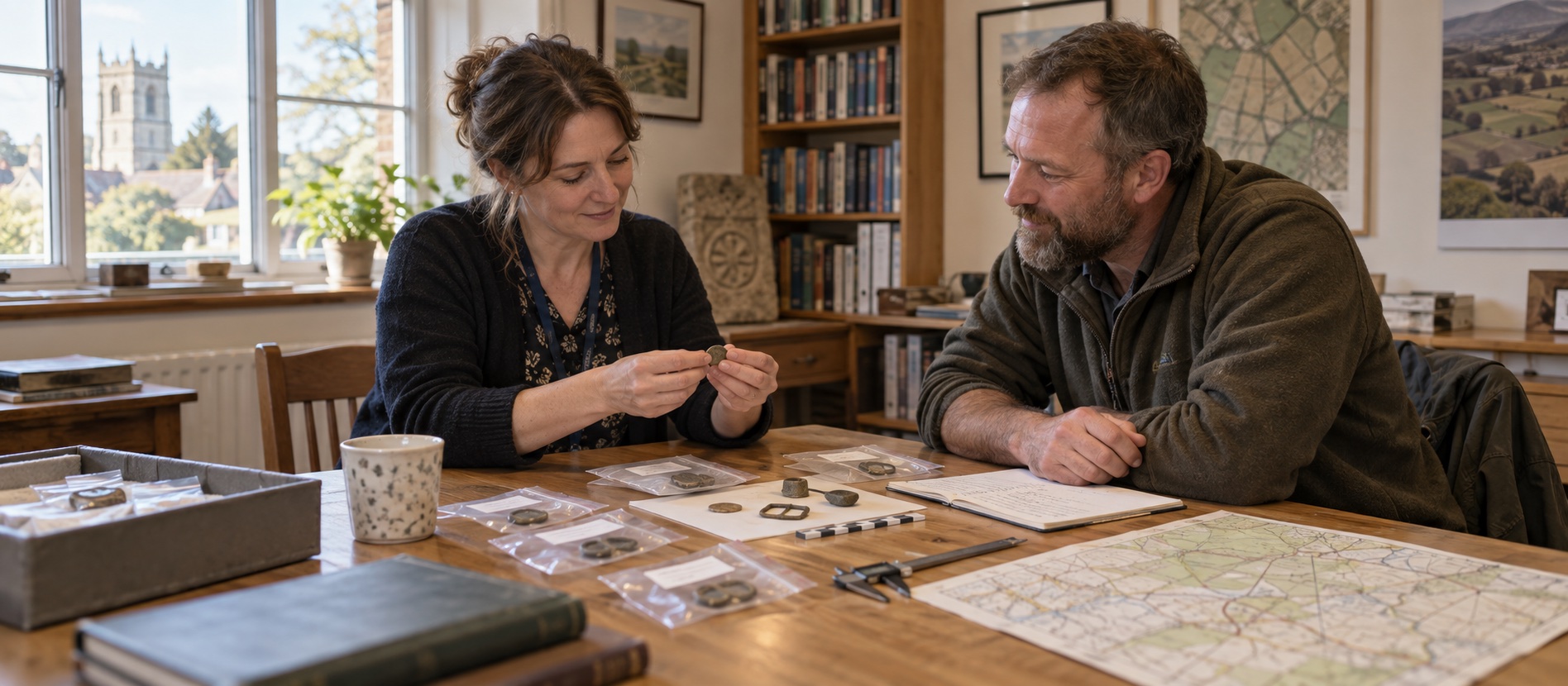 Finds Liaison Officer examining labelled archaeological objects with a detectorist