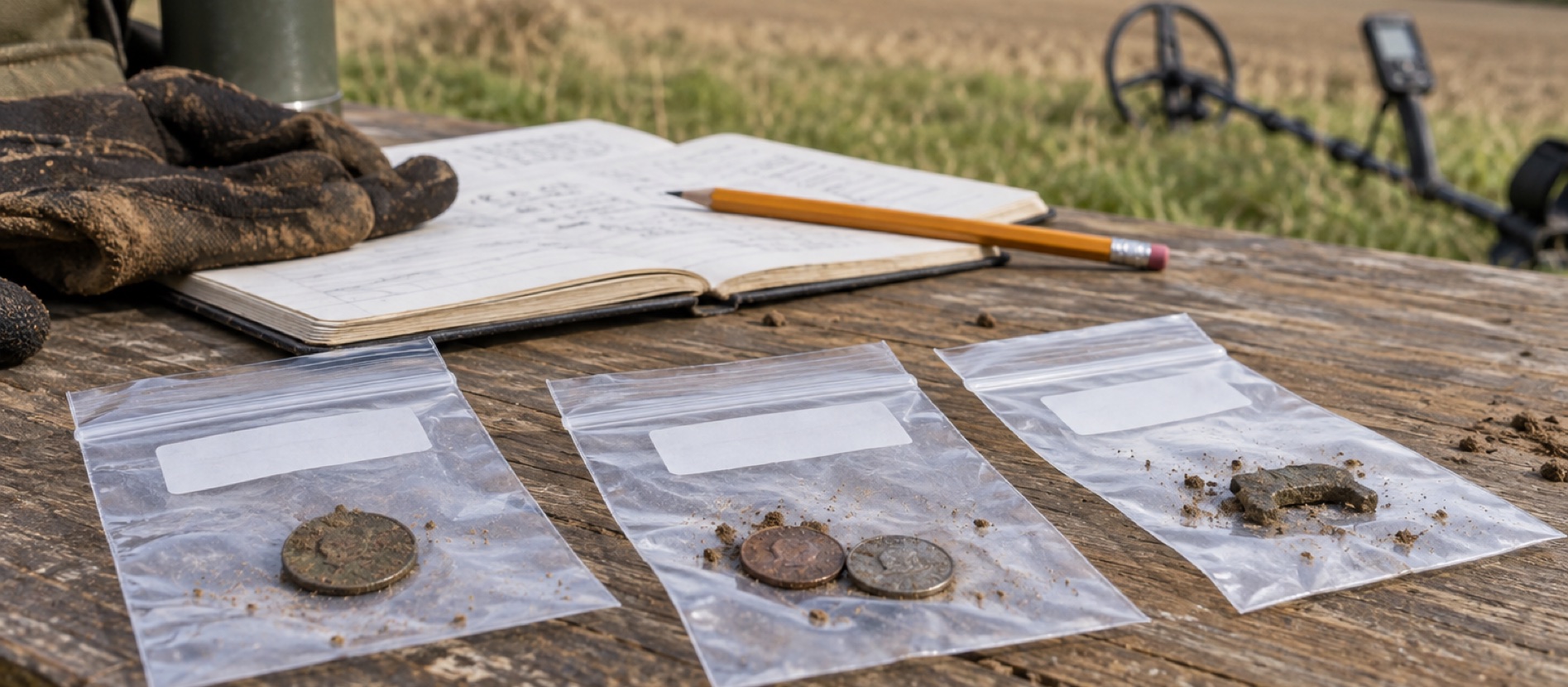 Separately bagged ordinary finds with a field notebook
