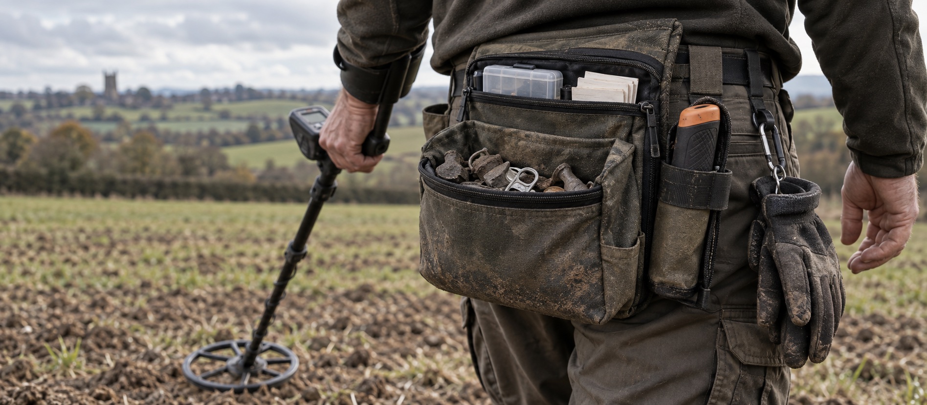 Detectorist wearing an organised finds pouch with separate compartments in a British field