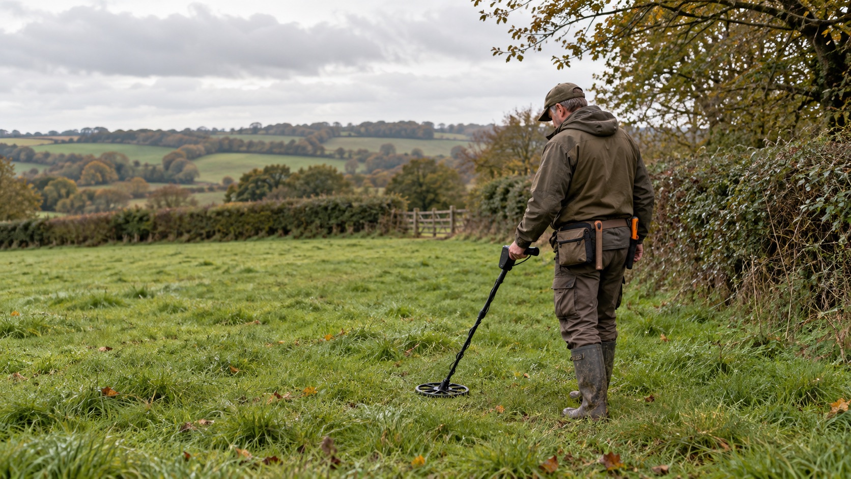 A detectorist sweeping pasture beside a hedgerow on a quiet first day