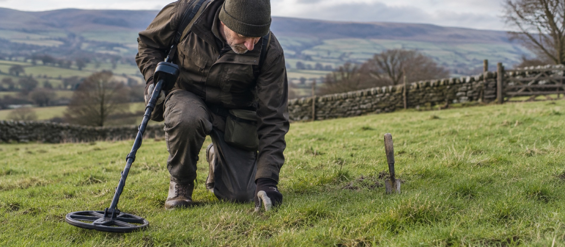 Detectorist pausing over a possible target in short British pasture grass