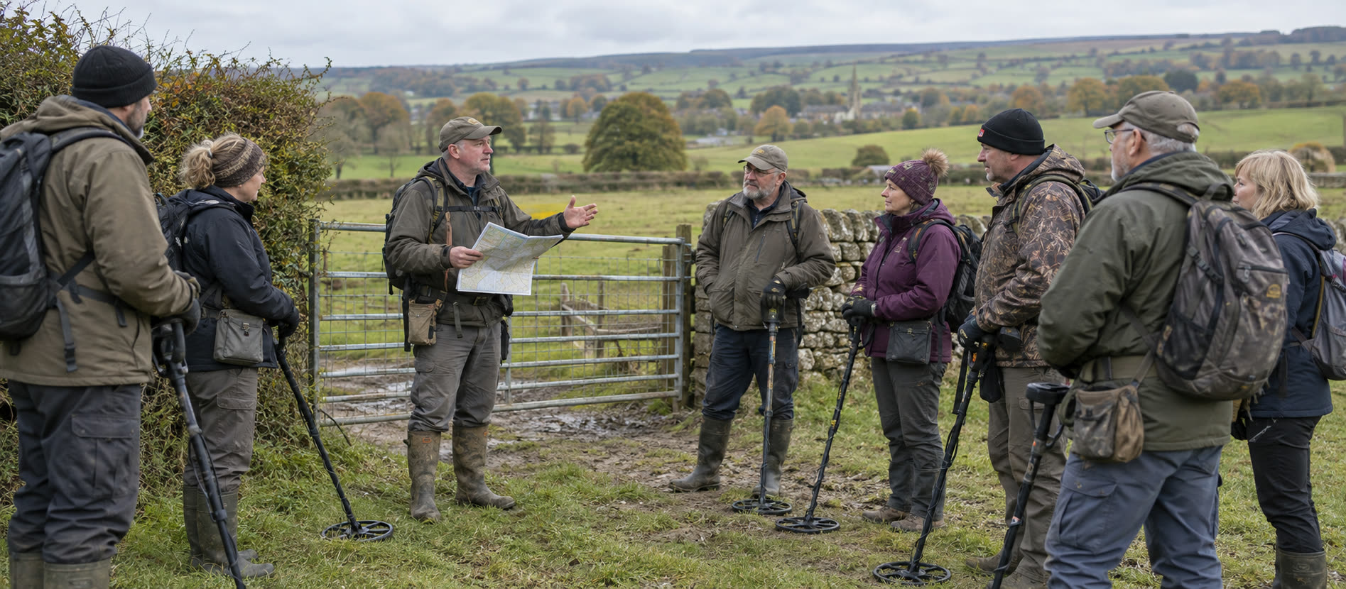 Small group of adult detectorists listening to a briefing at a British farm gate