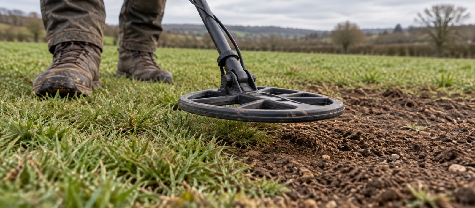 Metal detector coil sweeping where damp pasture meets bare mineral soil