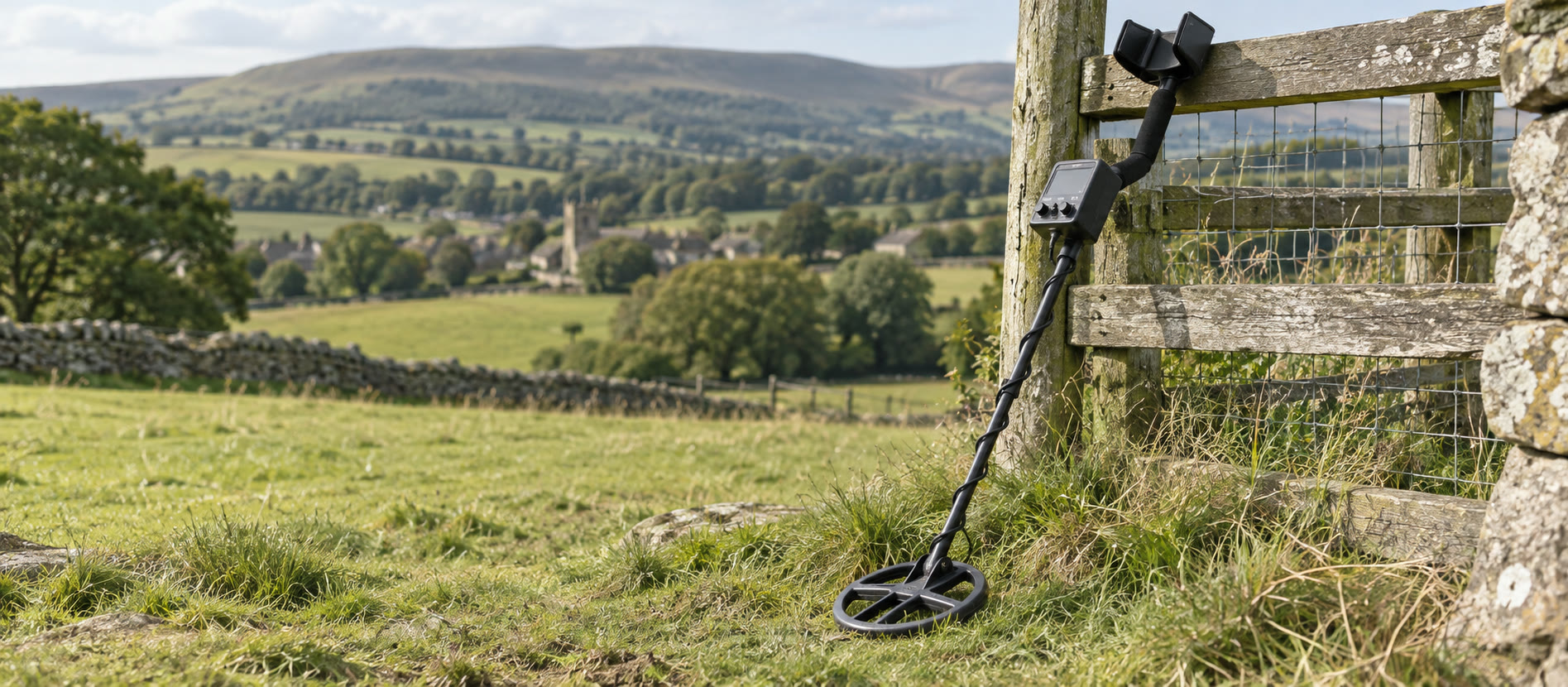 Classic-style detector prepared by a British pasture fence