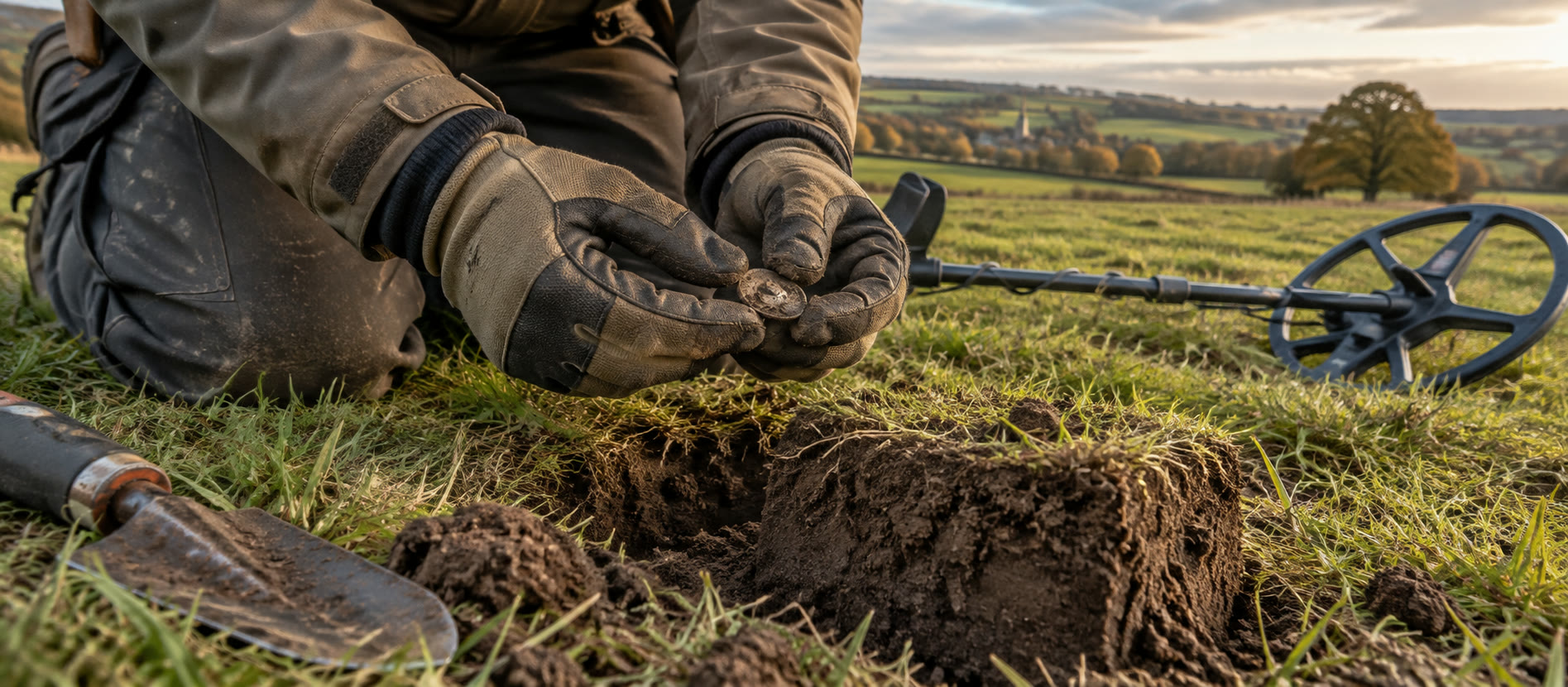 Gloved detectorist carefully handling an ordinary metal find beside a neat field plug