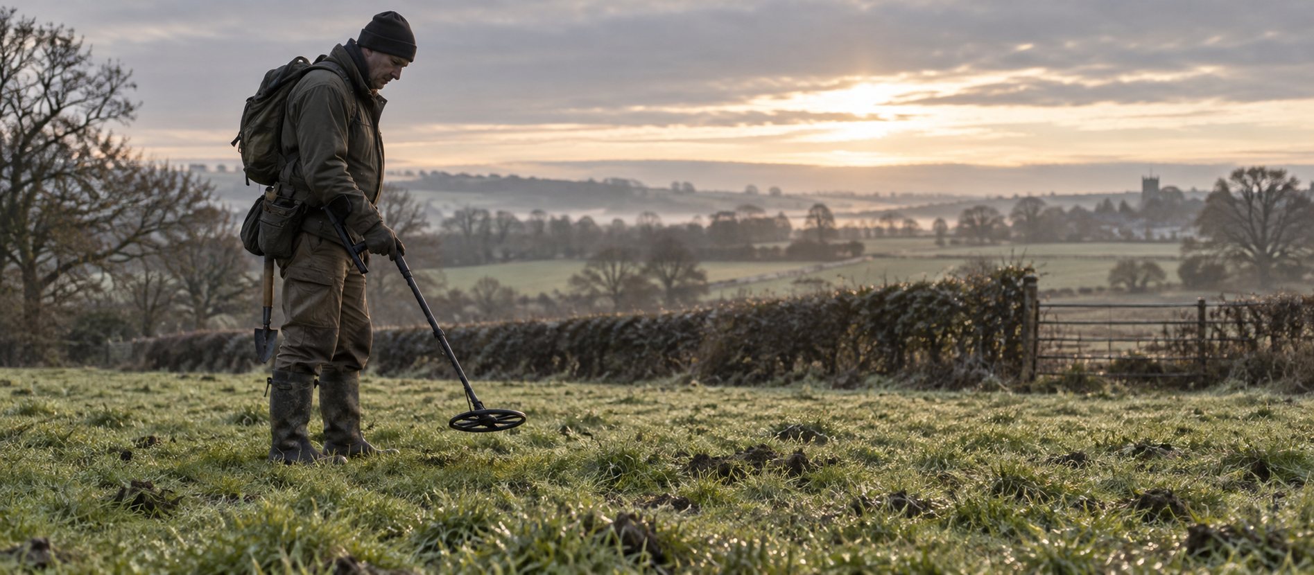 Detectorist holding a search coil level over short British pasture
