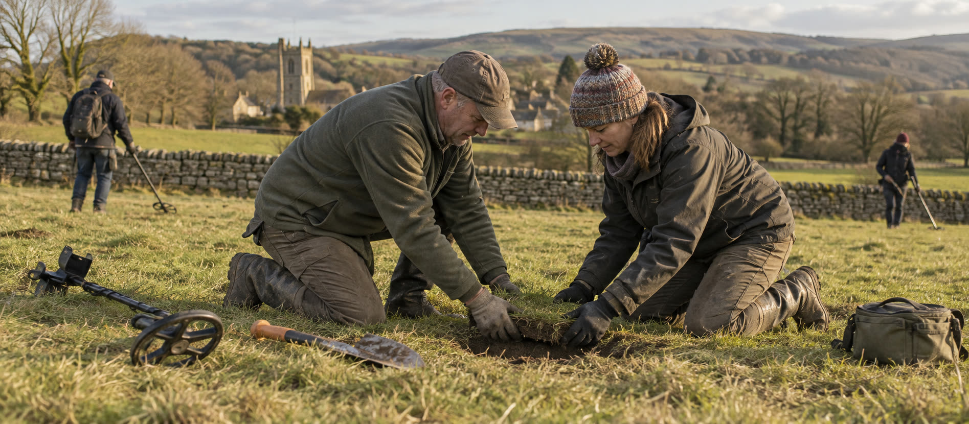 Two detectorists carefully replacing a turf plug with ample space between other searchers