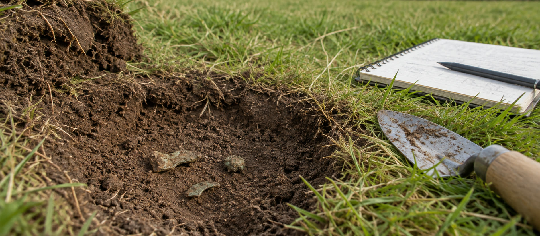 Several plain metal fragments visible close together in a shallow pasture plug