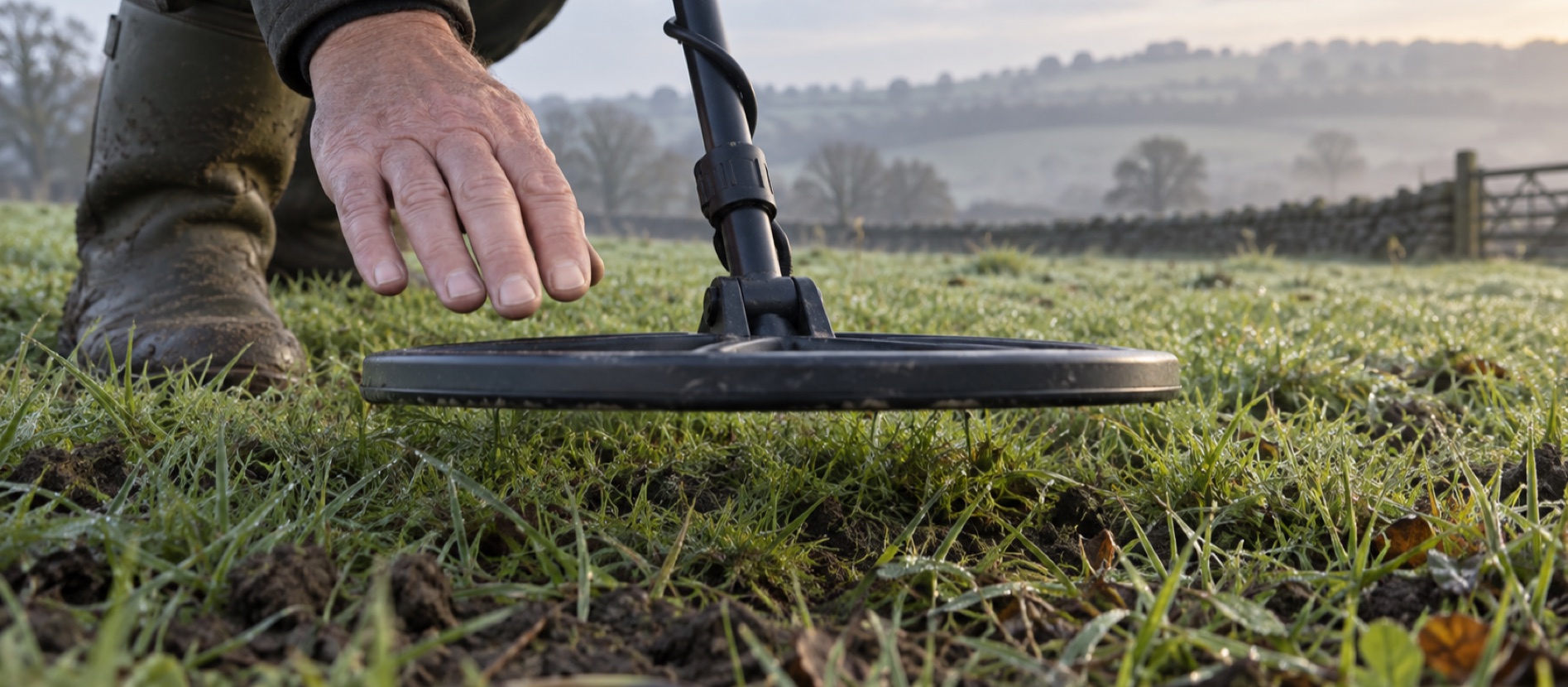 Search coil held low and level over undisturbed British pasture