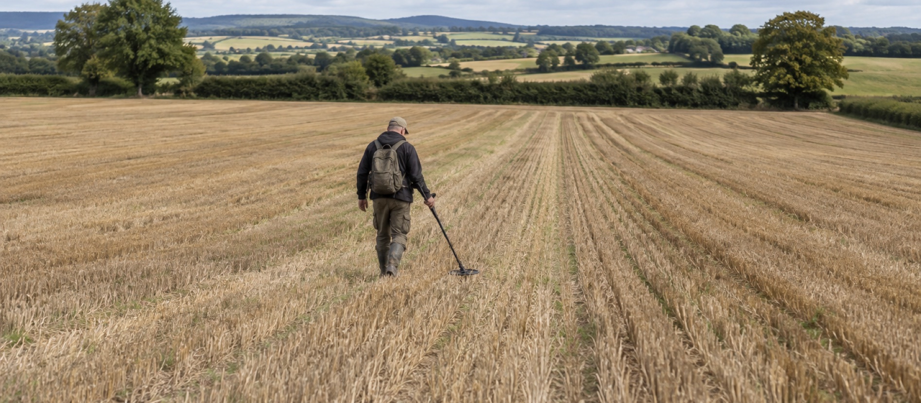 Detectorist walking a straight search lane across a harvested British field