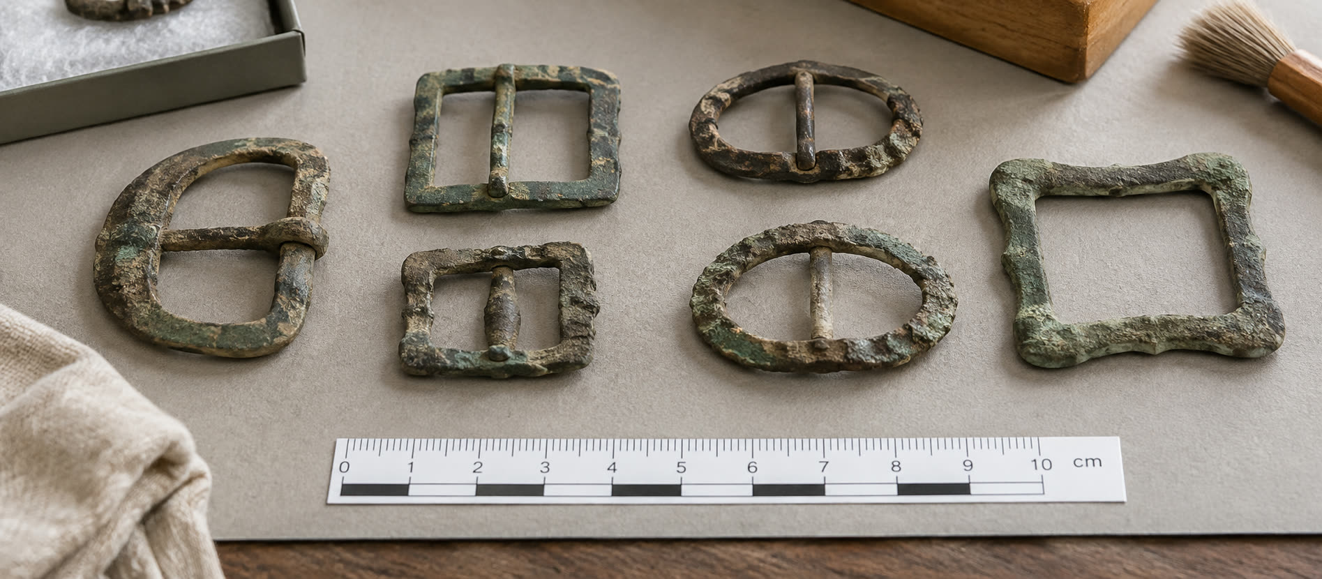 Weathered buckle frames arranged with a metric scale on a museum work surface