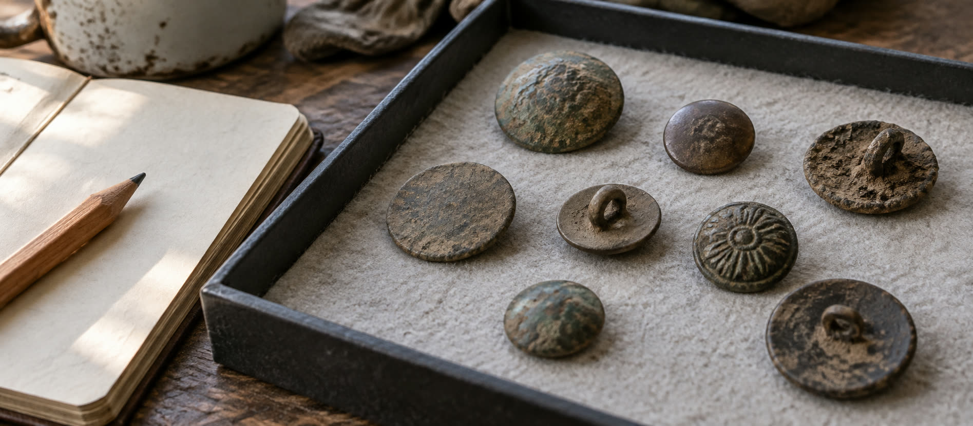 Plain and decorated recovered metal buttons shown front and back in a finds tray
