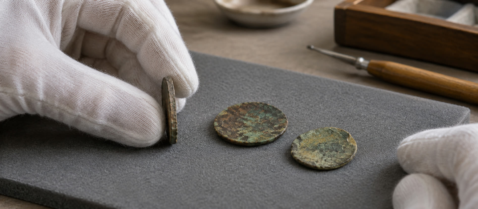 Two worn copper-alloy discs inspected by gloved hands on a museum mat