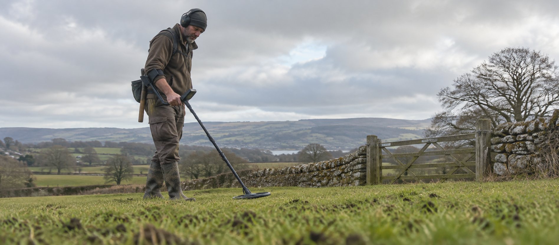 Detectorist searching carefully beside a British pasture field gate