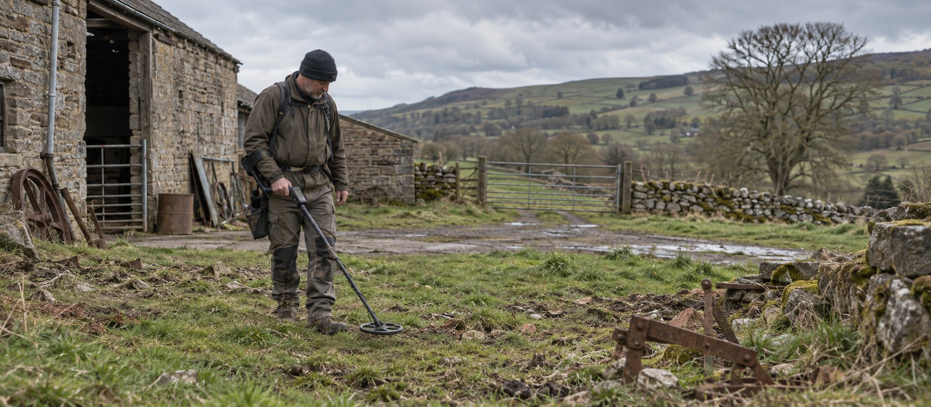 Detectorist sweeping a permitted rural farmyard edge with visible old iron