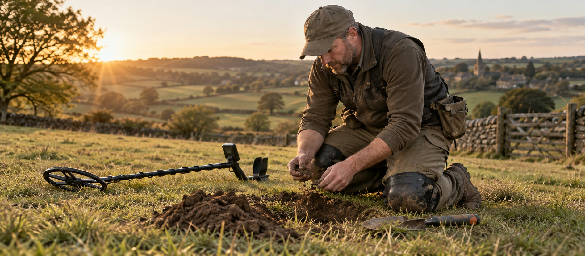 Detectorist wearing knee pads during careful recovery on a dry British field