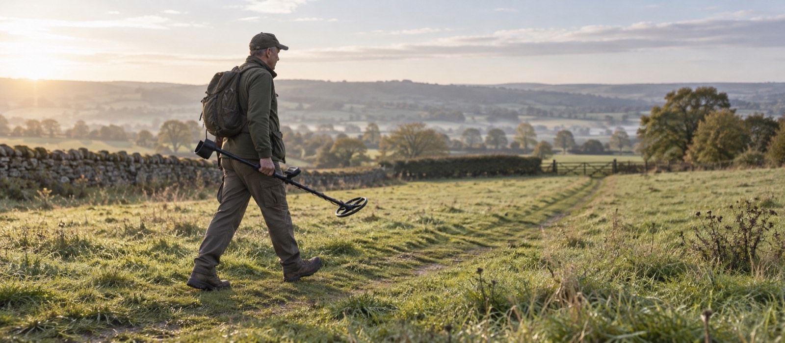 Detectorist comfortably carrying a compact metal detector across British pasture