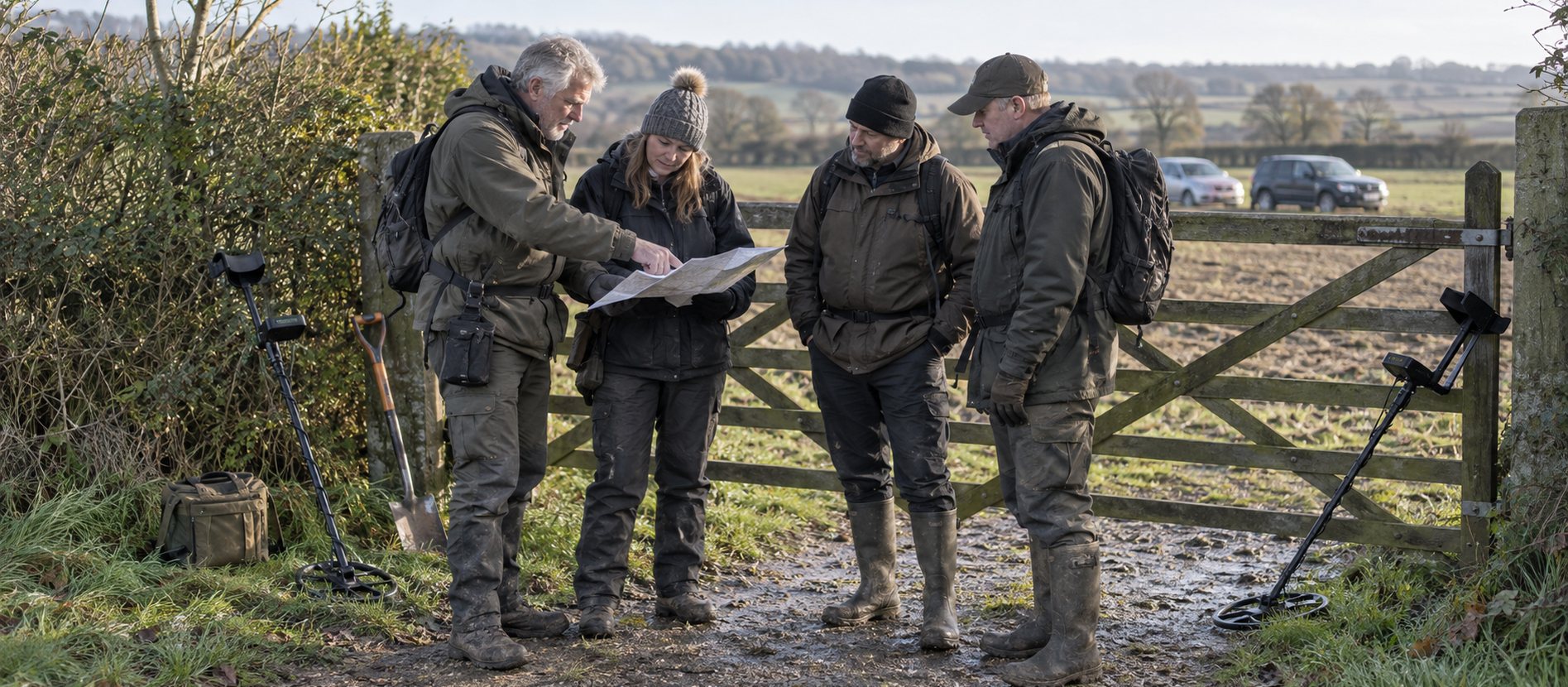 Four detectorists discussing a paper map beside a closed British farm gate