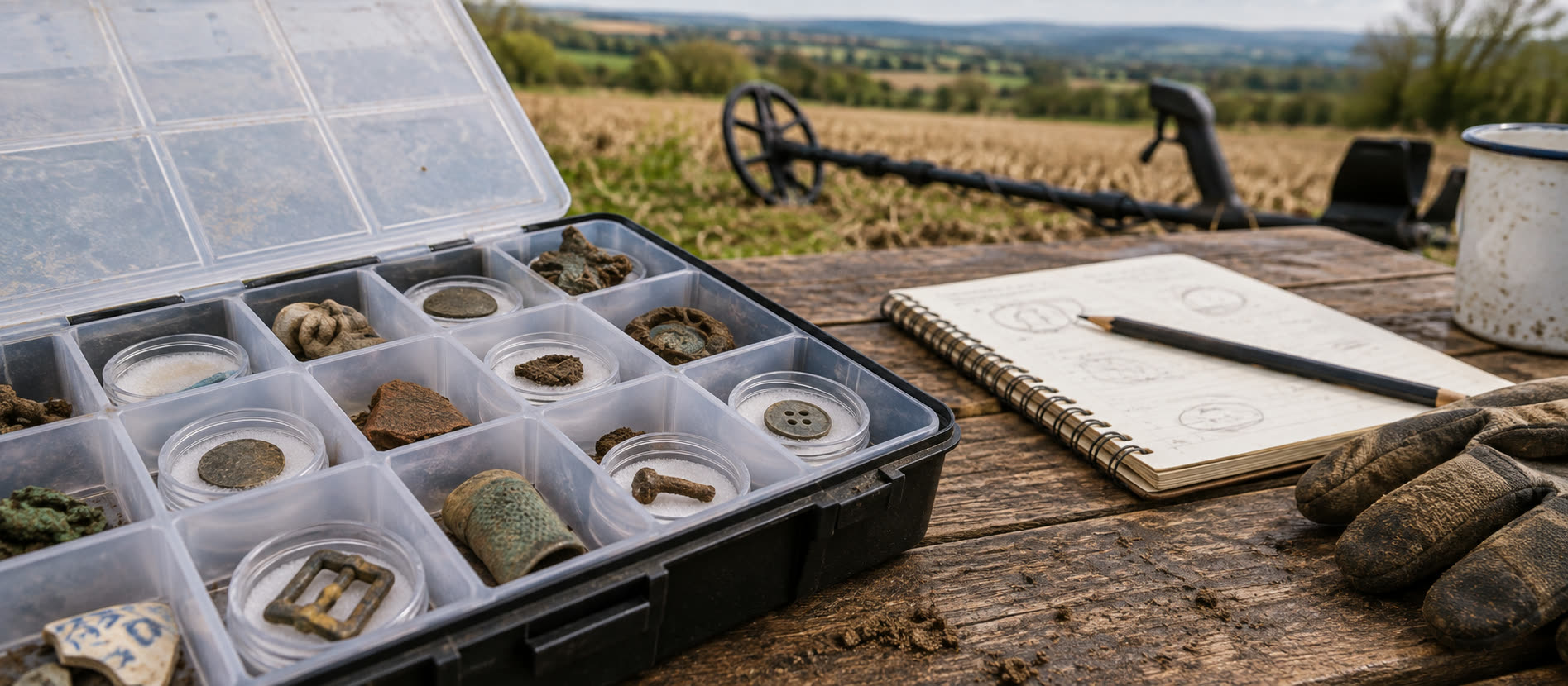 Open compartment finds case containing individually separated everyday objects beside a UK field